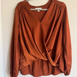 She + Sky Women's Rust Blouse with high low hem - Draped Wrapped Blouse - Size L